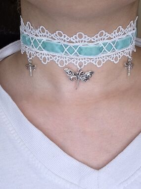 Silver Lace Choker Necklace with Aqua Ribbon and Dragonfly Charms
